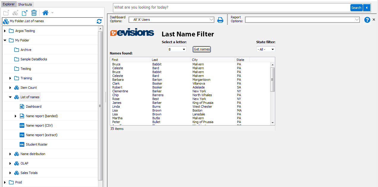 View of a dashboard showing a dropdown with the letter B selected, and a multi-column list box displaying names that start with B.